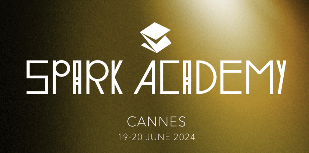 Text “SPARK Academy” with a logo above, on a gold gradient background; “Cannes 19-20 June 2024” appears below, celebrating creative talent and innovation from Serviceplan.